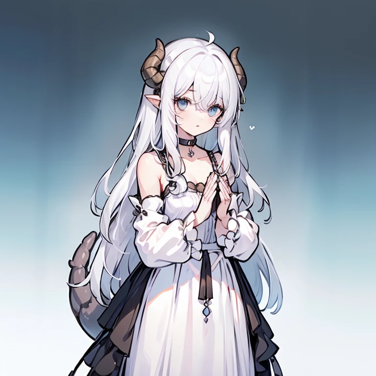 ((masterpiece)), ((bestquality)), 1 girl, solo, a , white hair, blue eyes, detailed face, dragonian_head, dragonian_body, dragonian_hairstyle, dragonian_horns, dragonian_tail, one white tail, white long dress, black choker, silver crown, close range, ((tucking hair)), nice hands, perfect hands, ((white background))
