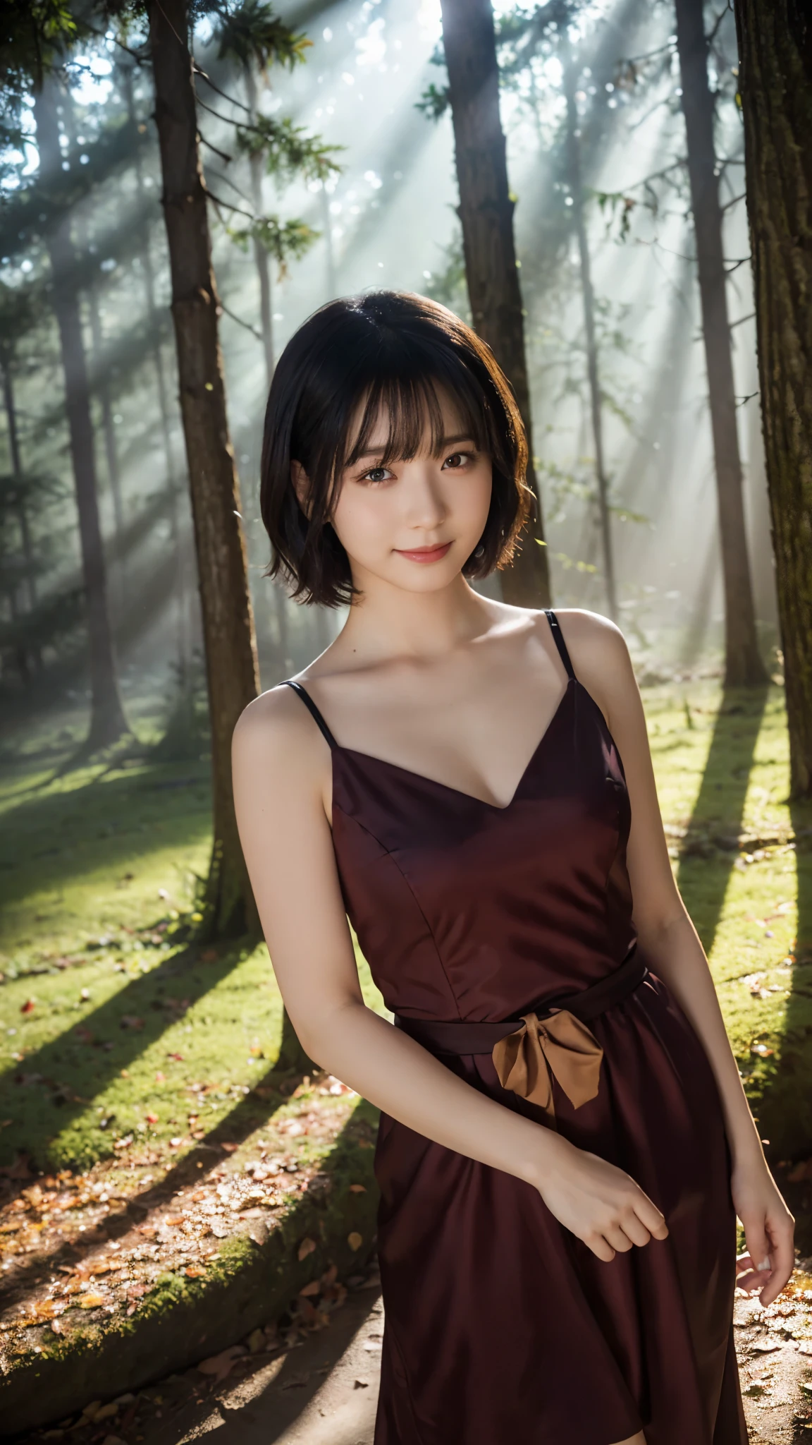 (highest quality,masterpiece:1.3,Ultra-high resolution),(Super detailed,Caustics,8k), (Photorealistic:1.4, RAW shooting),(A forest shrouded in a mysterious, dense fog),Sunlight filtering through the trees ,Light pours down,20-year-old,cute,Are standing,smile,Looking into the camera,Black short hair,(Crimson Dress), (Waist up shot),(High Position),(High angle),Natural light