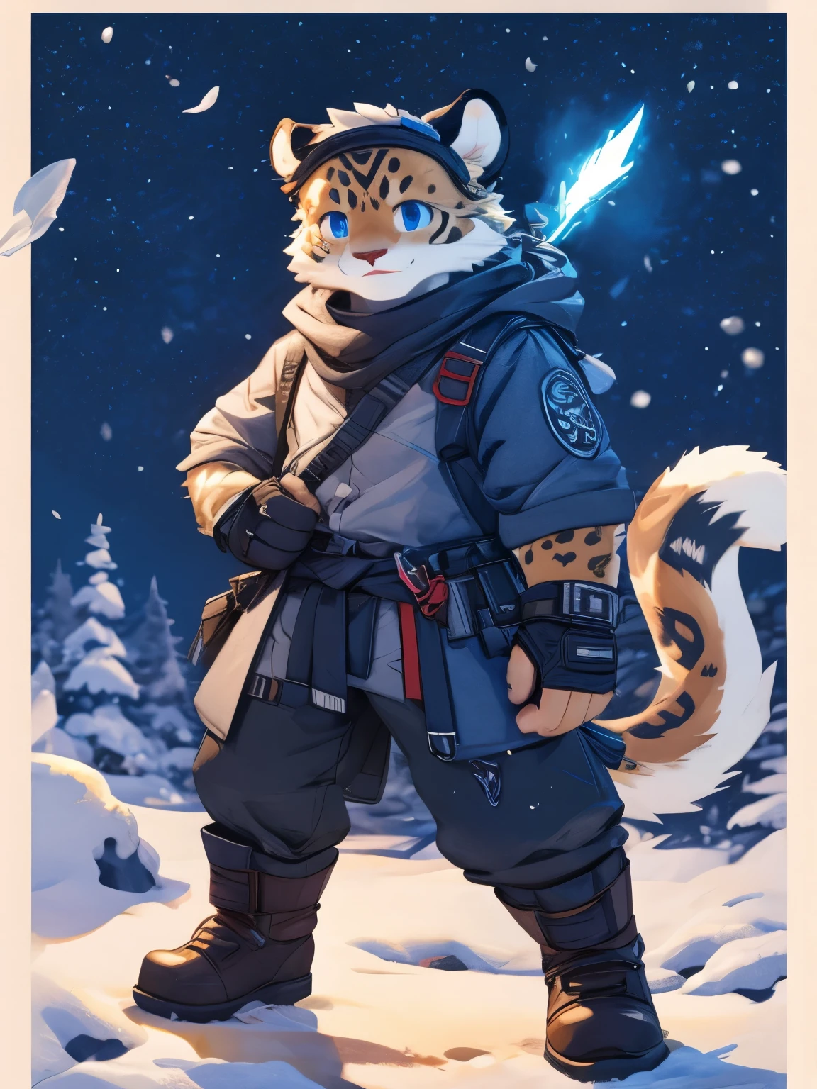 nj5furry,kemono,full-length portrait,anthro,hi res,male,juvenile,strong,Adventure suits,Fingerless gloves,Adventurer,snow leopard,Fluffy hair,Detailed eyes,Delicate eyes,Extremely high detail,8k high definition characters,optimistic and cheerful,Fighting Stance,Golden dot of light