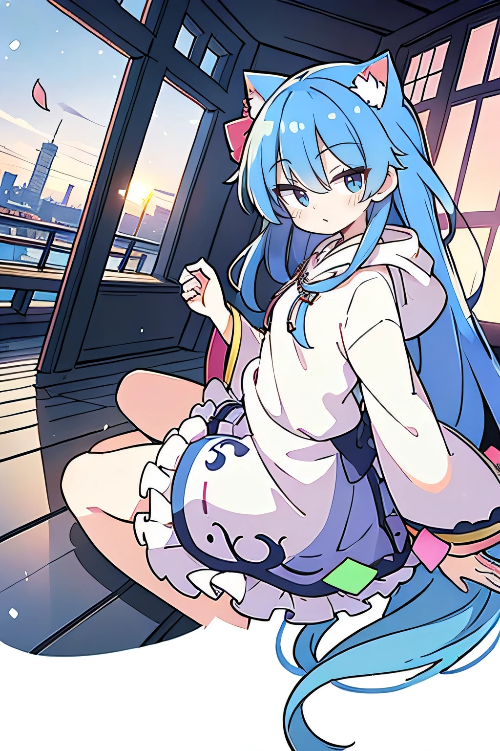 (masterpiece:1.2),Super detailed,lifelike,Expressive eyes,fair skin,perfect face shape,1 girl,
Japanese comics,Gorgeous blue hair,flowing blue hair,flowing clothes,Cat ears,Petals fall,beautiful lola,Baby Angel,sunrise,
Cross your legs,Gentle and peaceful background,The pavilion is cool and comfortable,smile, wearing hoodie, background of tokyo,back views,snowing, winter.