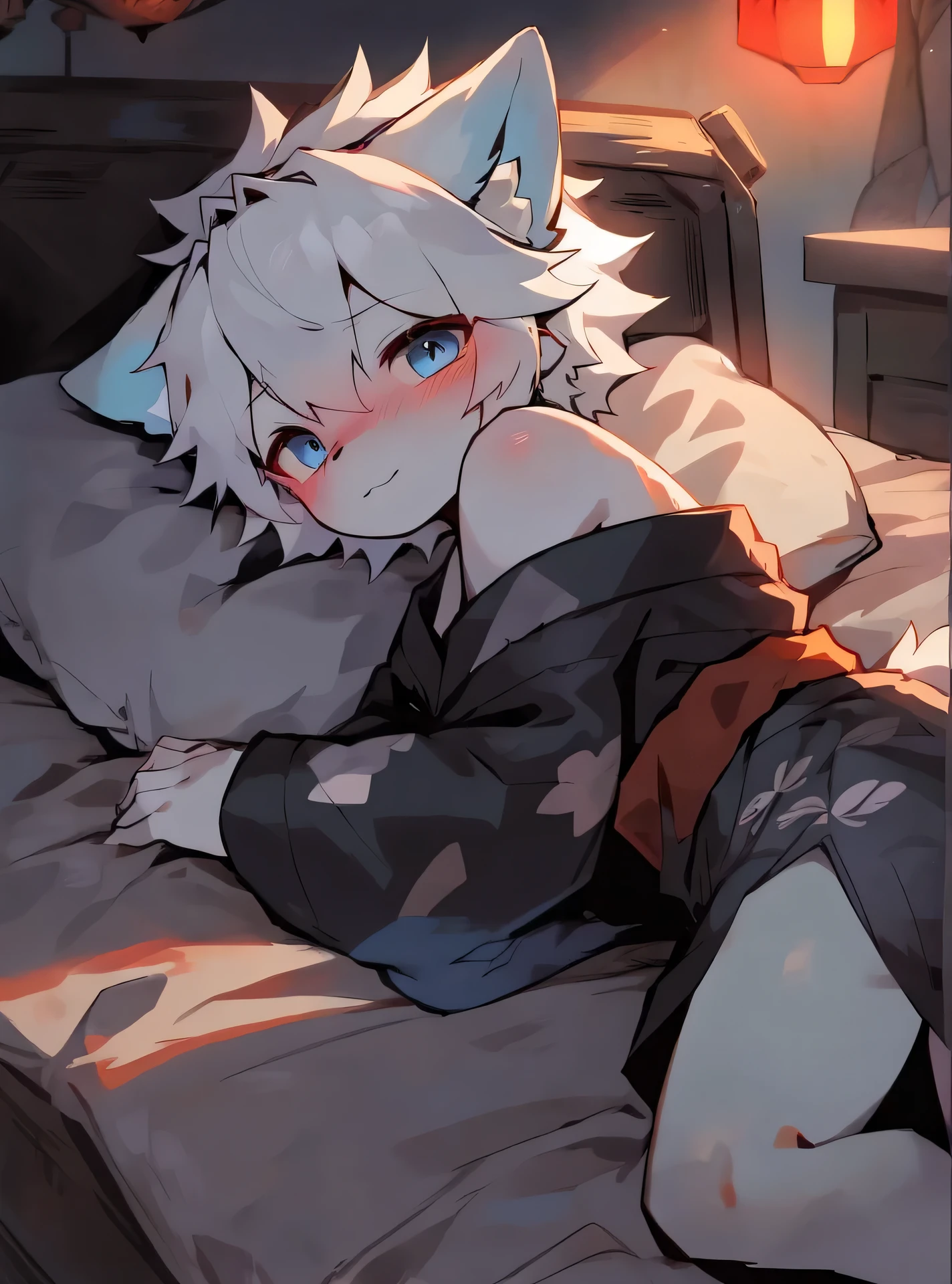 masterpiece, best quality:1.3), high resolution, Wolf,White hair,The fur on the arms and calves is a gradient sky blue,Sky blue pupils,Sky blue ear hair,Wearing white kimono,Expose your shoulders,Lying in bed,A flush on his face,Blurred eyes,Background is all white sheets,Male beasts too,Long white hair,cute,Front view