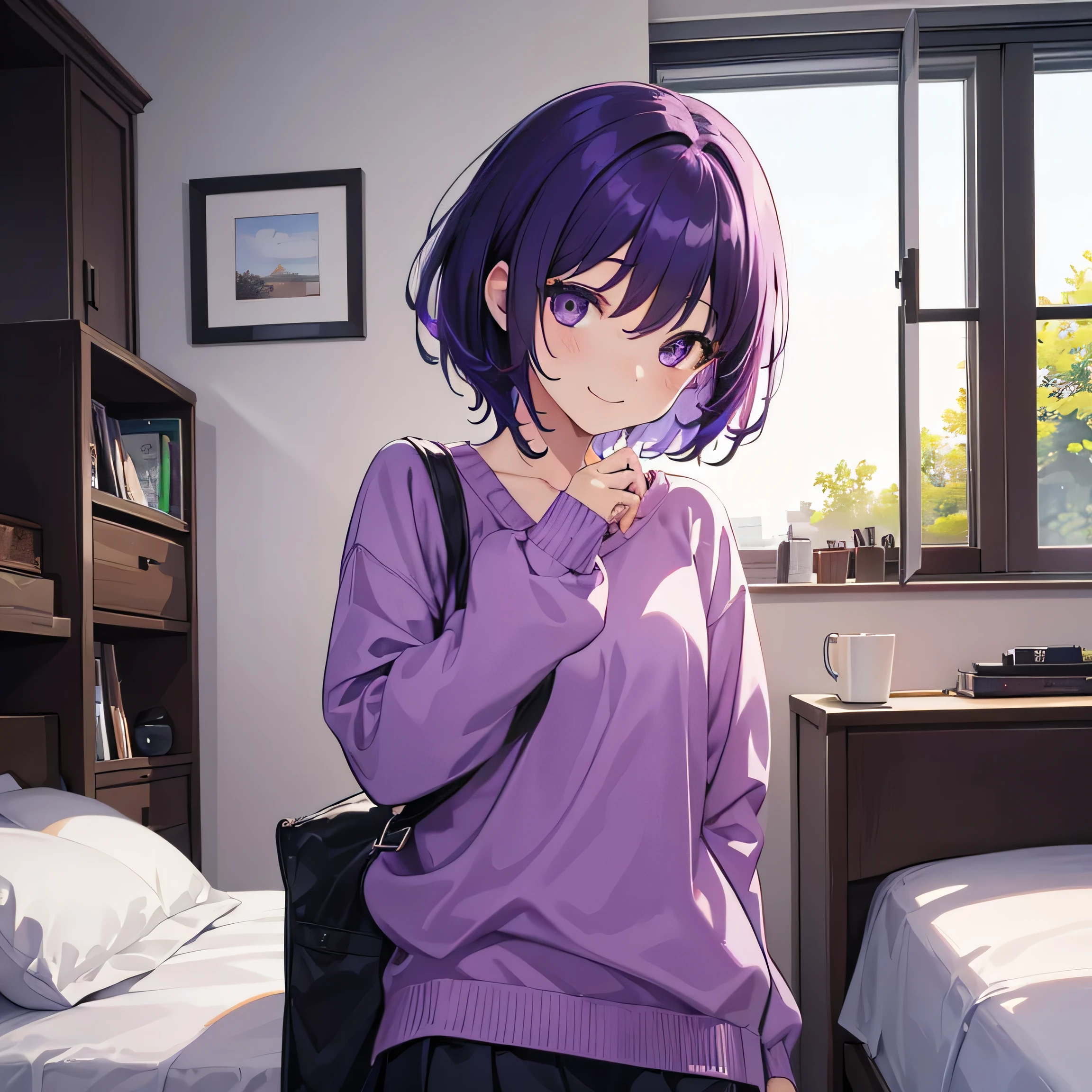 (T Masterpiece,4k wallpaper,Best Quality))、((girl1people))、(solo)、Bright and Brilliant,(Purple Hair)、(Shortcuts:1.3)、smile、Bedroom、sweater、morning