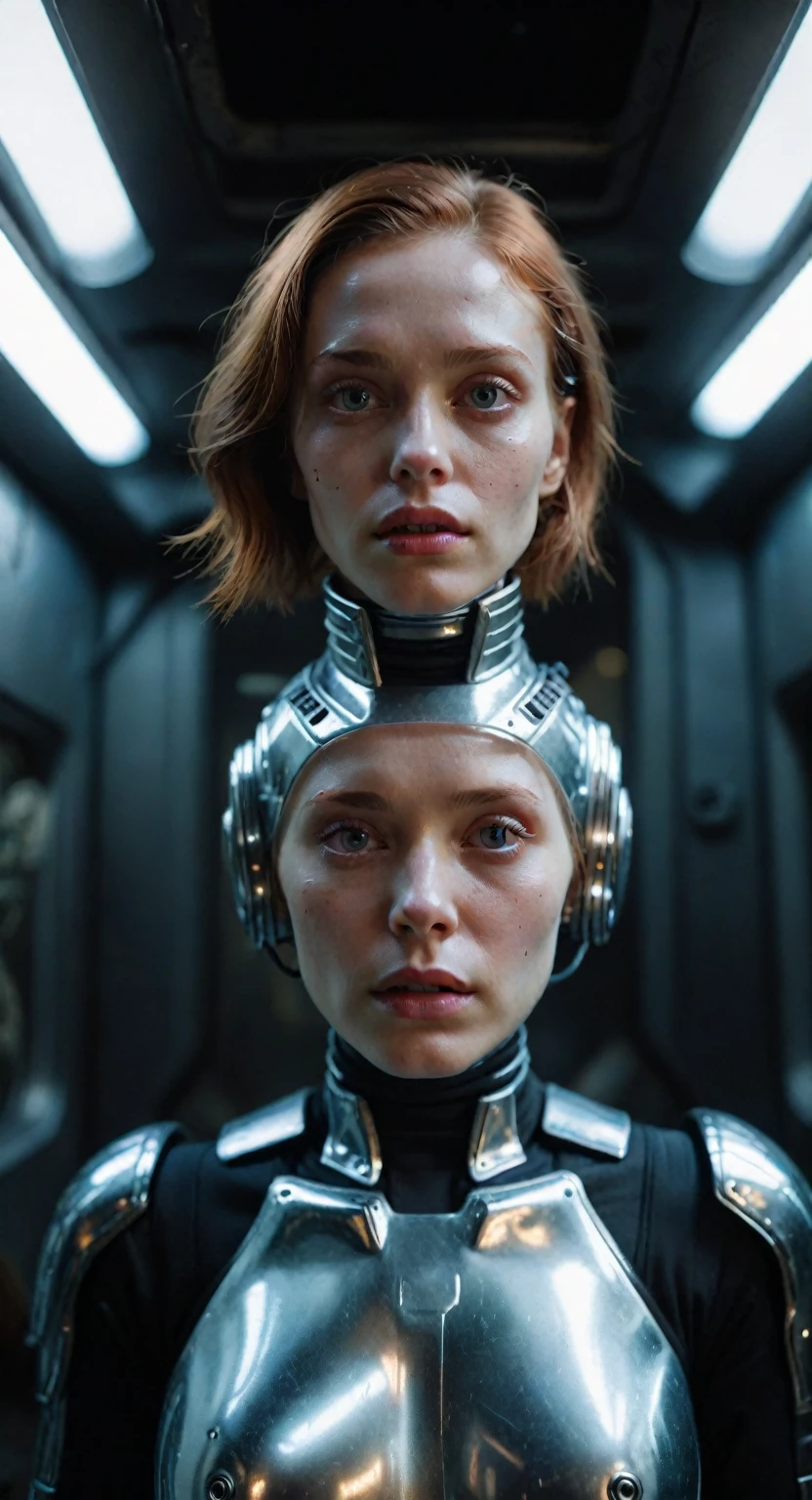 (high quality,4k,8k,masterpiece:1.2),ultra-detailed,realistic,sci-fi,portrait,blurry background,studio lighting,vivid colors,metallic textures,shiny space suit,lonely atmosphere,lost in space,detailed face expression,long eyelashes,curious gaze,hypnotizing eyes,lost in thoughts,confined corridor,spaceship interior,futuristic lighting,eerie ambiance,reflective surfaces,transparent glass window,cosmic views,hauntingly beautiful,unrealistic complexion,hyperrealistic skin,pale and flawless skin,natural makeup,uncanny valley effect,intense emotions,abandoned feeling