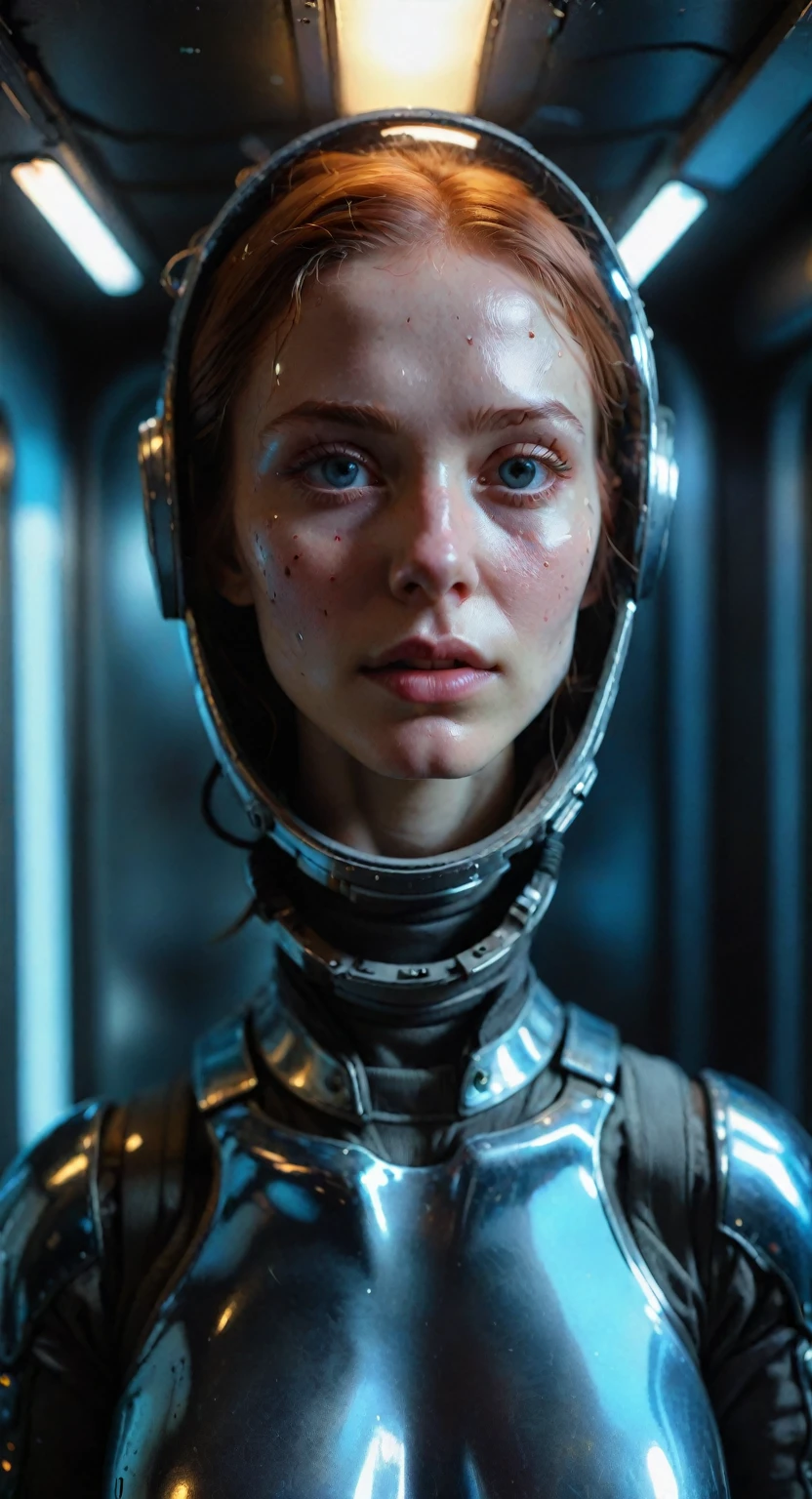 (high quality,4k,8k,masterpiece:1.2),ultra-detailed,realistic,sci-fi,portrait,blurry background,studio lighting,vivid colors,metallic textures,shiny space suit,lonely atmosphere,lost in space,detailed face expression,long eyelashes,curious gaze,hypnotizing eyes,lost in thoughts,confined corridor,spaceship interior,futuristic lighting,eerie ambiance,reflective surfaces,transparent glass window,cosmic views,hauntingly beautiful,unrealistic complexion,hyperrealistic skin,pale and flawless skin,natural makeup,uncanny valley effect,intense emotions,abandoned feeling