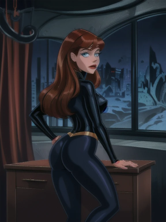 (a girl in batcave),( red long curly hair),crystal blue eyes, black lips,beautiful face,long eyelashes, best quality,highres,ultra-detailed  ( black pantyhose ) fat thighs, bending on desk , side view butt , hands on hips