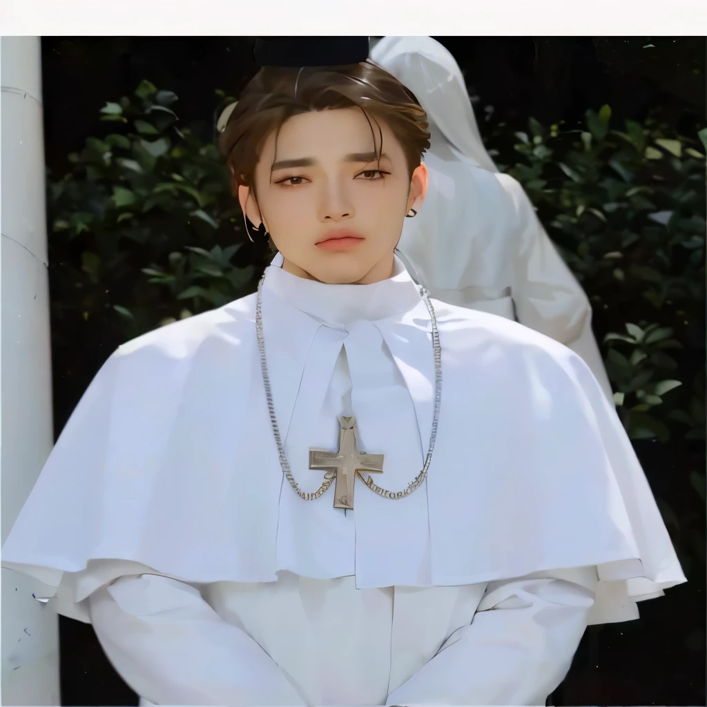 a closeup of a person dressed in a white robe and a cross, park Jimin, Mezcla de estilo del Vaticano, jungkook, Jimin, cai xukun, inspirado en Yanjun Cheng, inspirado en Kim Deuk-sin, Jimin\'s grecian nose, inspirado en Bian Shoumin, Yanjun Chengt, arte digital. @mariomaniacdude
