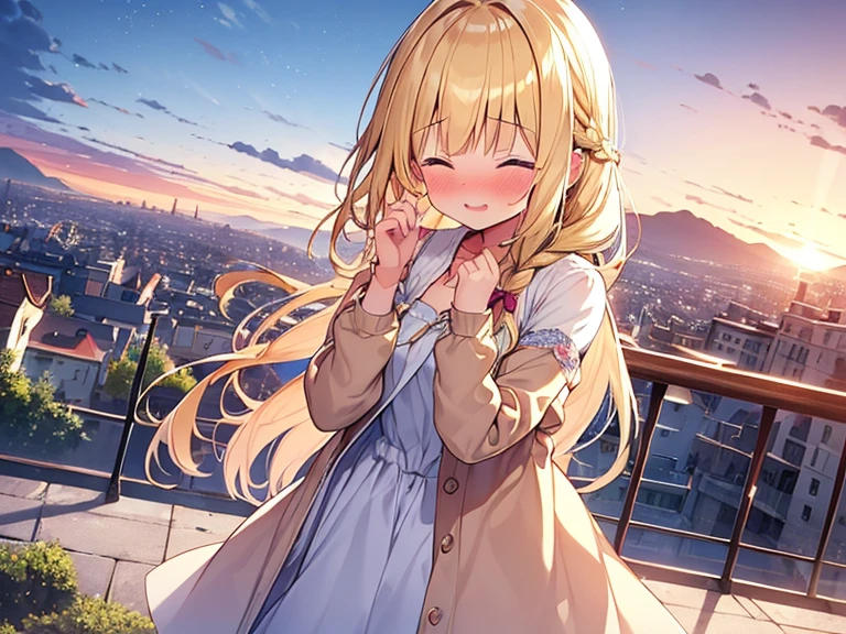 Masterpiece, Top quality, 1 beautiful girl, Blonde, long Hair, Braided hair, wavy Hair, blunt bangs, airy hair, , standard weight, (cute clothes:1.5), clothes with cute pattern, (happy :1.4), (nose blush :1.1), closed eyes, beautiful scene of town, from above, blurry background, magnificent panorama view, sunset