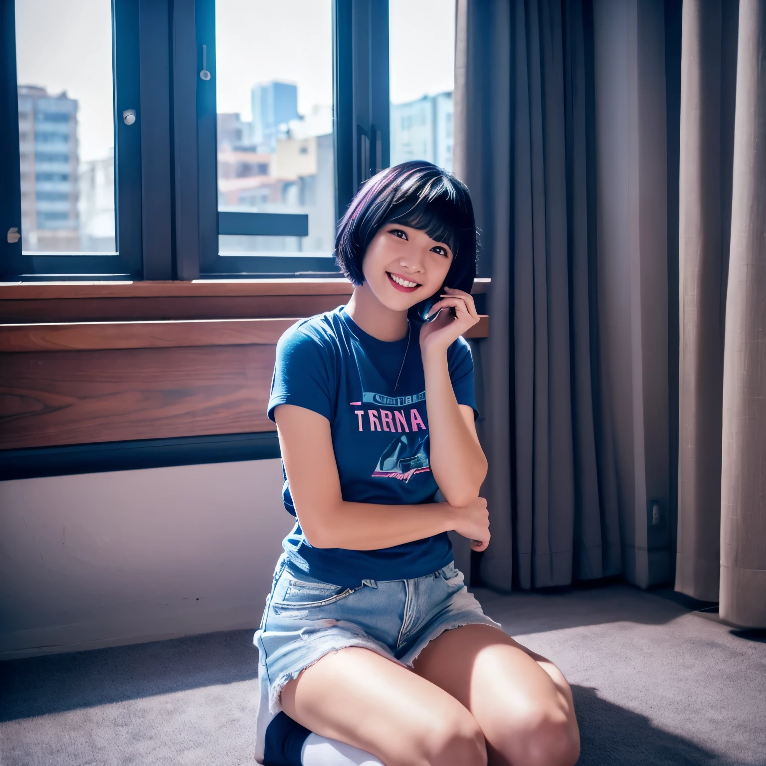 David fincher lighting style realistic, trans girl, half asian, near future, black hair, short angled bob haircut, straight hair bangs, blue and pink hair streaks, baggy dark blue t-shirt, thigh high socks, background, city apartment, sexy, sitting on her knees, sassy, happy, smile, cute, kiss