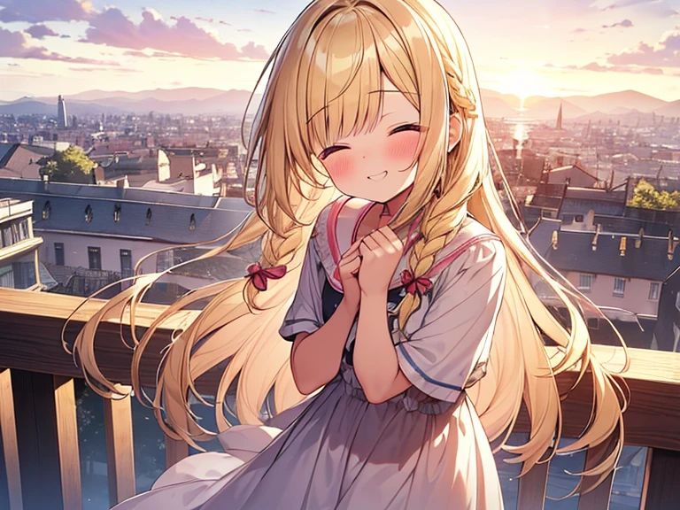 Masterpiece, Top quality, 1 beautiful girl, Blonde, long Hair, Braided hair, wavy Hair, blunt bangs, airy hair, 17 year old, standard weight, (cute clothes:1.5), clothes with cute pattern, (happy :1.4), (blush :1.2), closed eyes, beautiful scene of town, from above, blurry background, magnificent panorama view, sunset