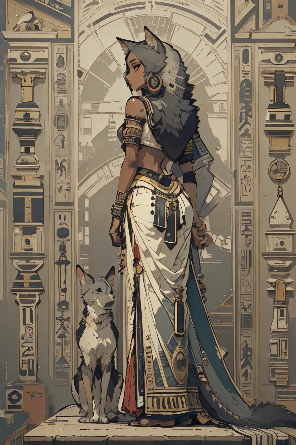 (masterpiece, best quality:1.2), 1 girl a standing girl，Solitary，mural，Egyptian style，Retro colors，Cool gray tones，Full size photo，Animal characteristics，Jackal，Tail，Dark art style。