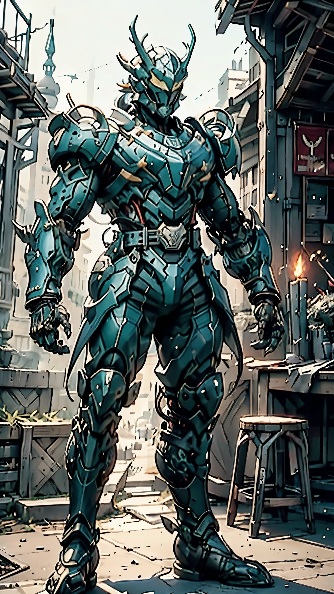 A man wearing a full-face helmet, a fantasy-style biotech armored combat suit, green eyes, (a composite layered chest armor), fully enclosed shoulder guards, matching arm and leg guards, the belt is adorned with dragon claw grasping orbs, (the color scheme is primarily black with red accents), the design balances heavy with agility, a high-tech bio-mecha armor, (dragons concept Armor, stand on the top of a skyscraper in a futuristic sci-fi city), this character embodies a finely crafted fantasy-surreal style armored hero in anime style, exquisite and mature manga art style, (element, plasma, energy, the armor glows), ((male:1.5)), metallic, real texture material, dramatic, high definition, best quality, highres, ultra-detailed, ultra-fine painting, extremely delicate, professional, perfect body proportions, golden ratio, anatomically correct, symmetrical face, extremely detailed eyes and face, high quality eyes, creativity, RAW photo, UHD, 32k, Natural light, cinematic lighting, masterpiece-anatomy-perfect, masterpiece:1.5