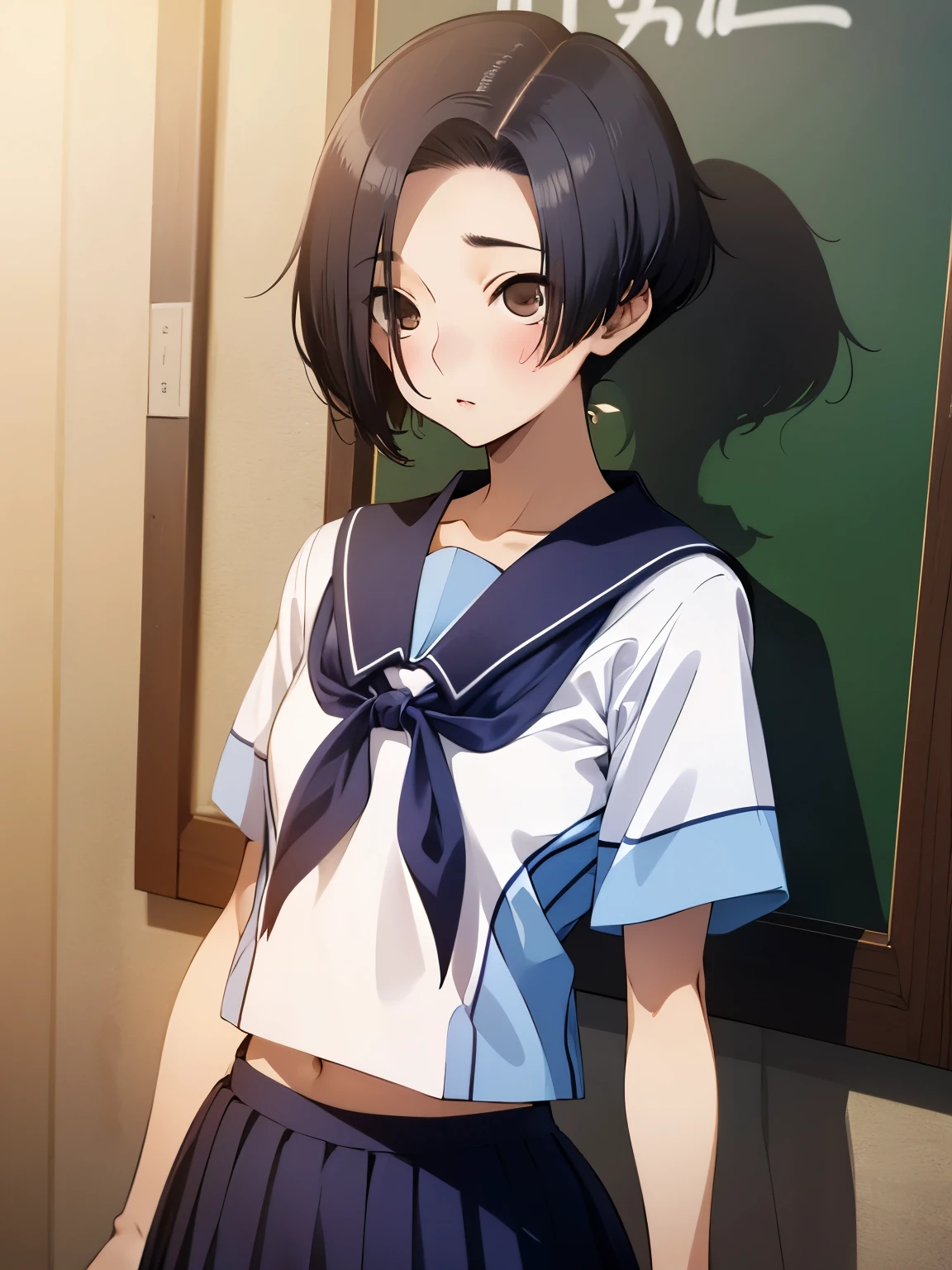 NSFW,Aarinko、short hair、Black Hair、Bobcut、Serafuku、Sailor collar、Blue neckerchief、White Shirt、Short sleeve、Pleated skirt、Blue Skirt,(Perfect hands),(Perfect Anatomy),(masterpiece),(highest quality),