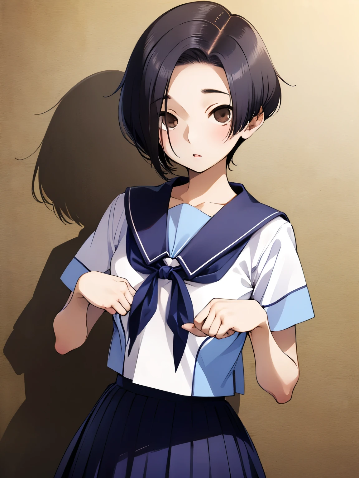 NSFW,Aarinko、short hair、Black Hair、Bobcut、Serafuku、Sailor collar、Blue neckerchief、White Shirt、Short sleeve、Pleated skirt、Blue Skirt,(Perfect hands),(Perfect Anatomy),(masterpiece),(highest quality),