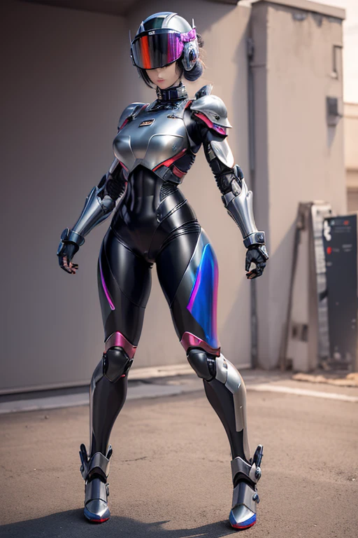 female robocop solo、Armor that completely covers the whole body、very large armor、Helmet to hide your eyes、Rainbow Armor、Armor that completely covers the chest、Slender and long legs、Vibrant Posel Body View