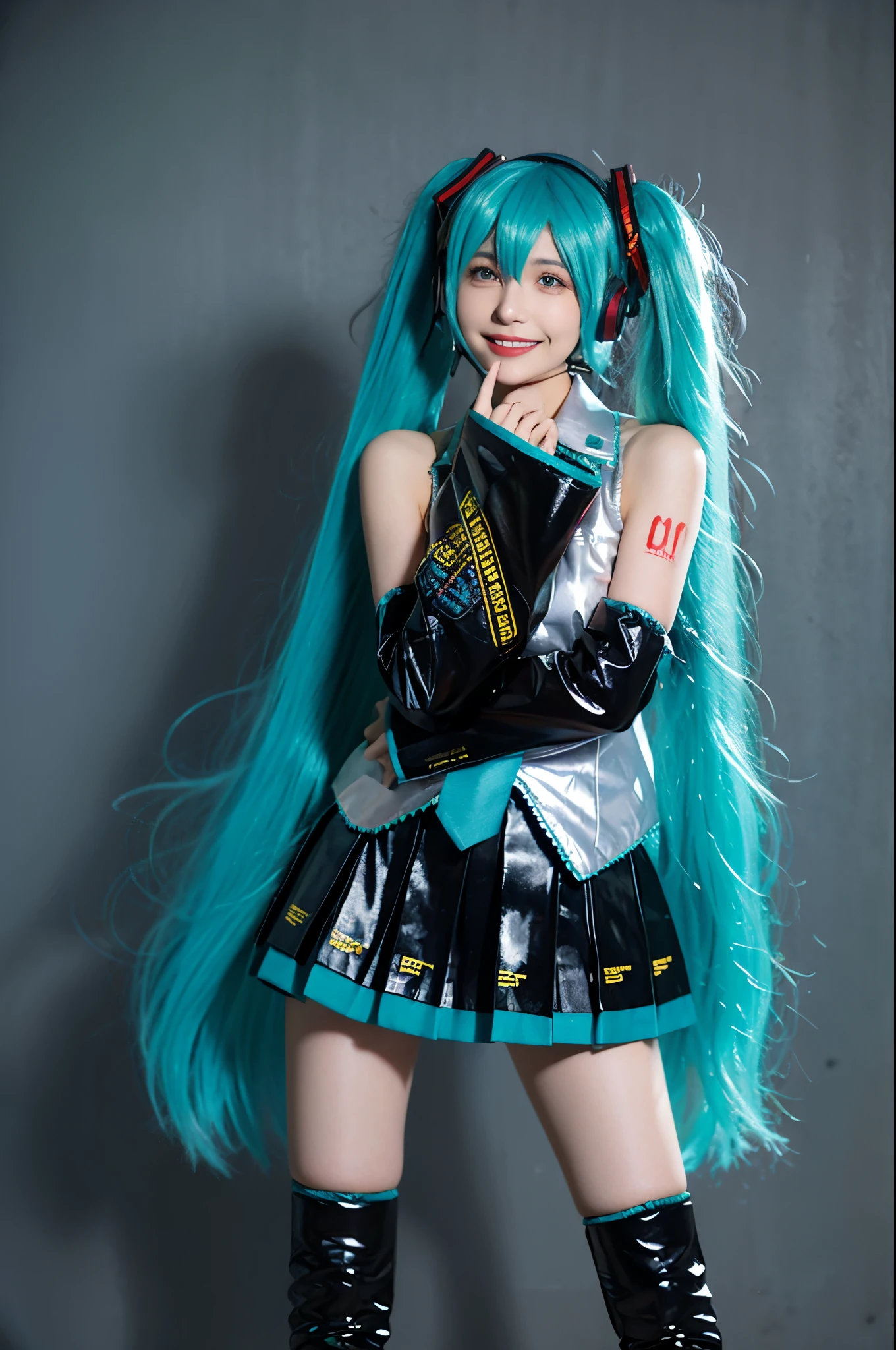 highest quality, masterpiece, Realistic, photoRealistic, One girl, alone, View your viewers, smile, Are standing, whole body, Hatsune Miku Cosplay costume, Hatsune Miku, Cosplay, Aqua Hair, Twin tails, Very long hair, hair ornaments, Headphones, headset, shirt, skirt, pleated skirt, tie, aqua tie, Thigh-high boots, Removable sleeves, tattoo, Simple Background, Gray background,