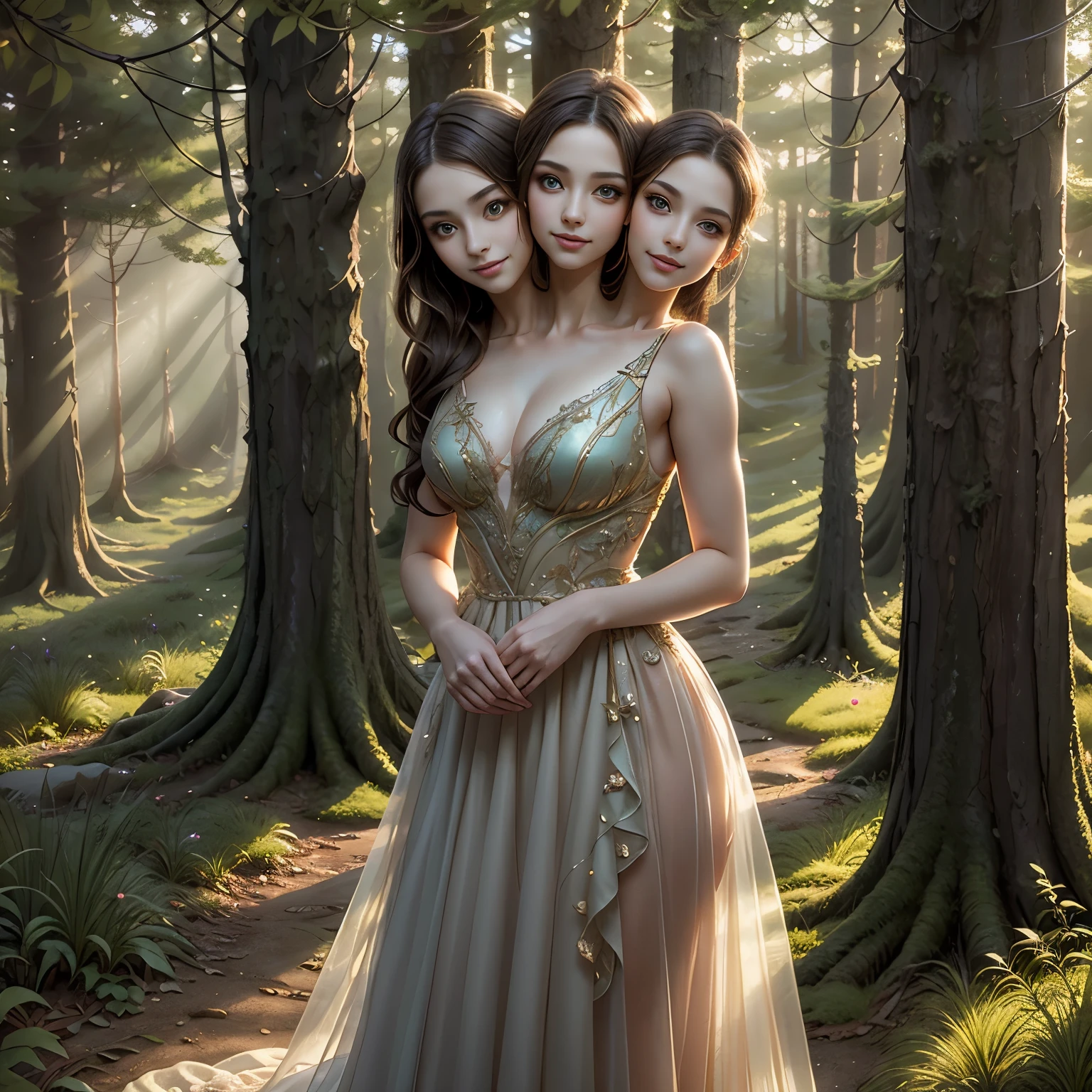 1girls, ,,Simper smile, High-definition image, a woman, her hair adorned with glowing fireflies, eyes shimmering with enchantment. Dressed in a gown made from woven moonlight, she stands in a mystical forest where trees come to life. The scene, bathed in the ethereal glow of the fireflies, captured in the style of a magical forest artwork., (masterpiece, best quality, official art,intricate details:1.2), (two heads)