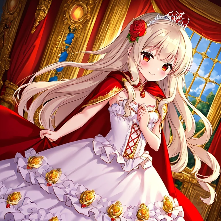 (kawaii),(best quality),(ultra detailed), upper body,(rococo style),(long train red cape:1.15), very long cape,(long train white ball gown with flower decorations), a girl is wearing a cape over her gown, 1 little princess, tiara , smile, very long hair, small breasts