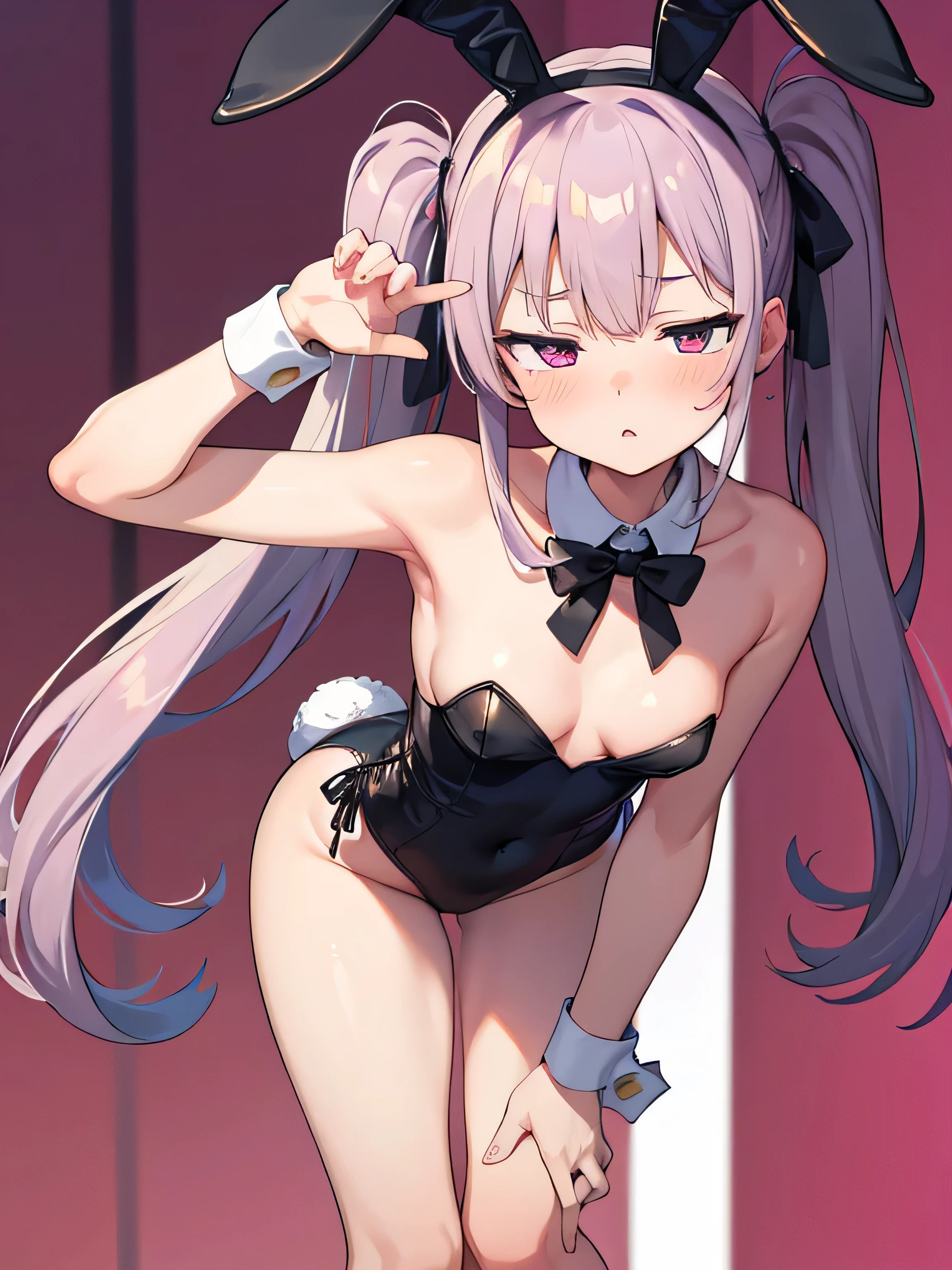 masterpiece, best quality, ultra detailed,1 girl , long hair, twin tails, playboy bunny, leaning forward, put hands hip, small breasts