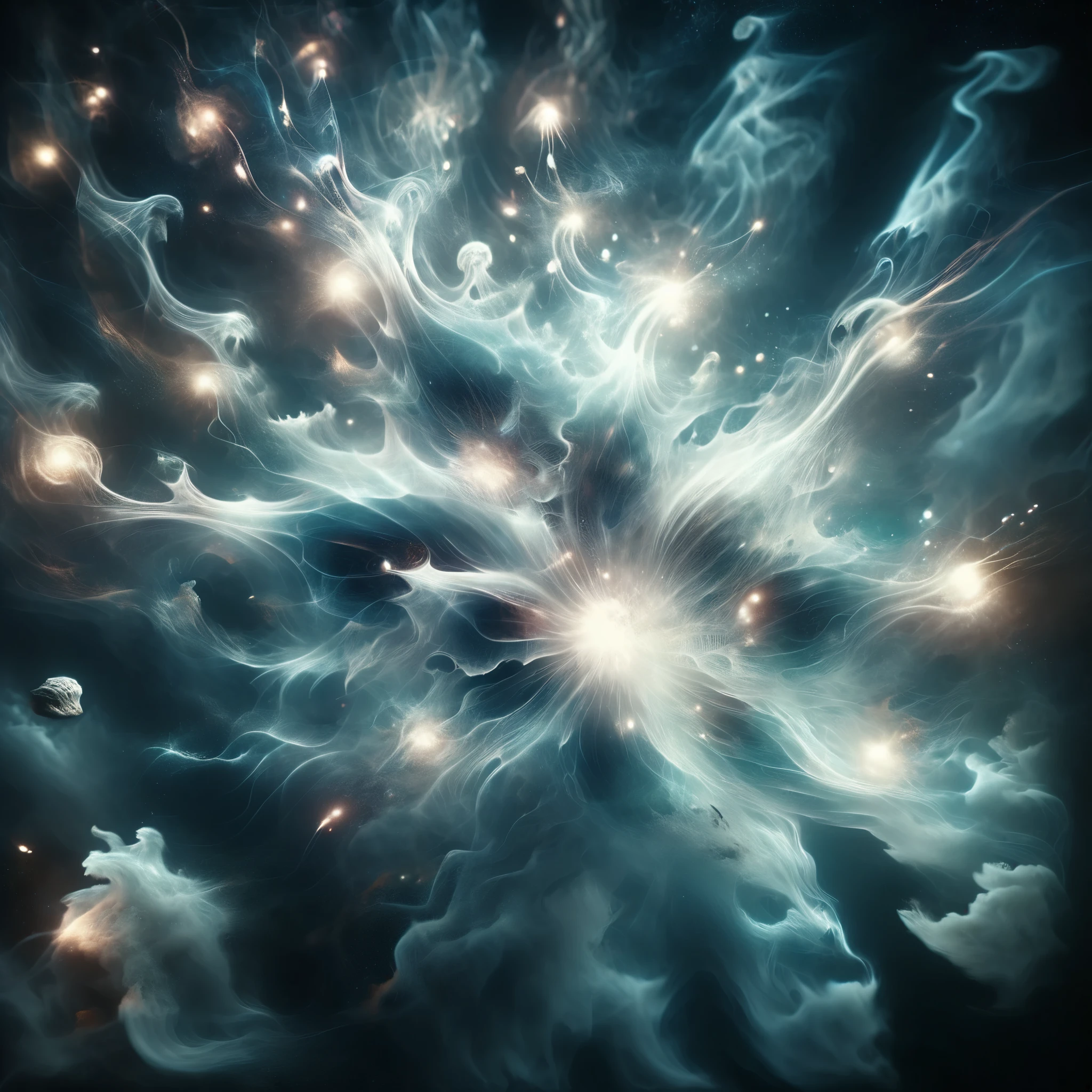 Blend fantasy and reality as 3D fireworks merge with ethereal fractal creatures, symbolizing the sea, riding the cosmic currents of imagination and creativity, where the depths of the mind merge with the vastness of the universe.