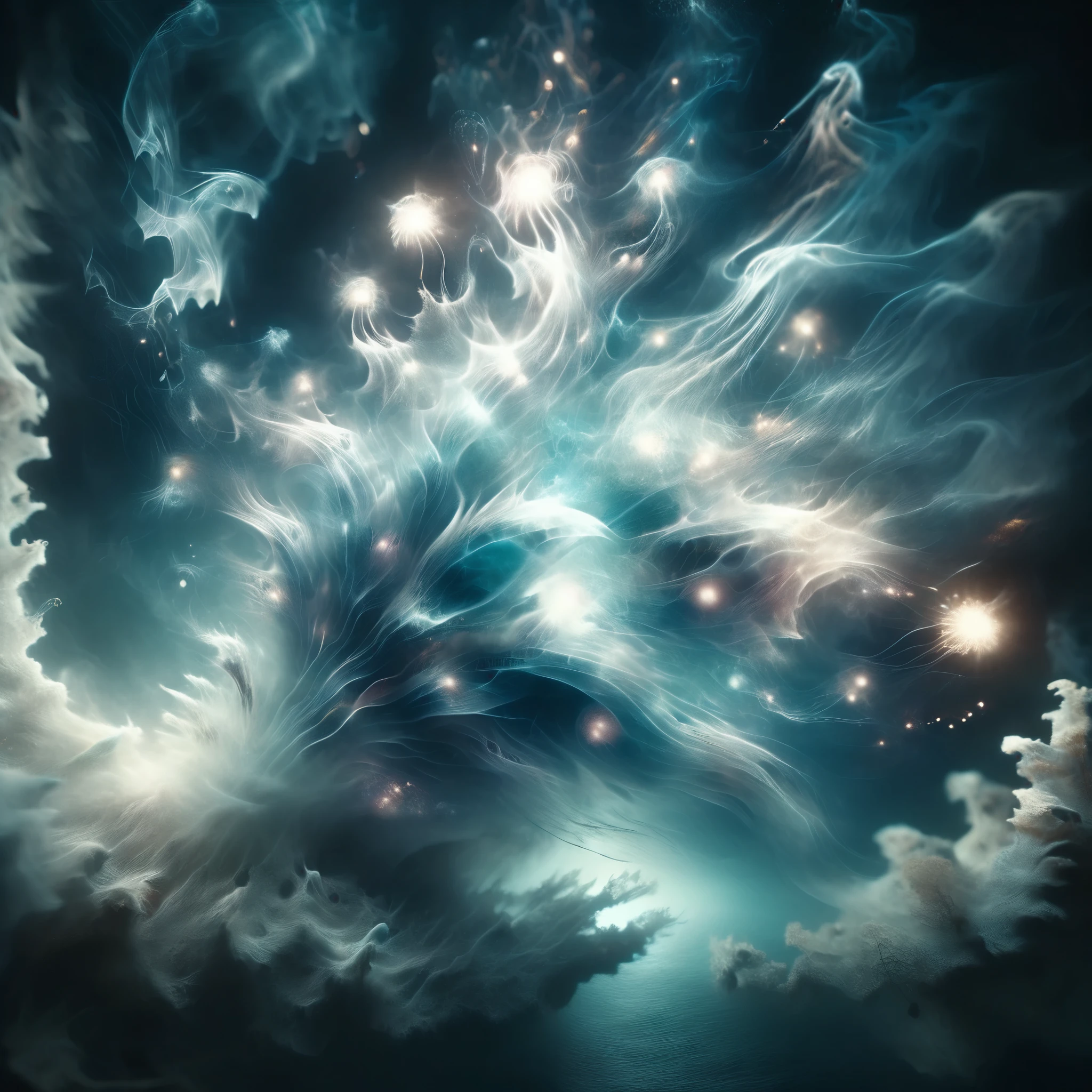 Blend fantasy and reality as 3D fireworks merge with ethereal fractal creatures, symbolizing the sea, riding the cosmic currents of imagination and creativity, where the depths of the mind merge with the vastness of the universe.