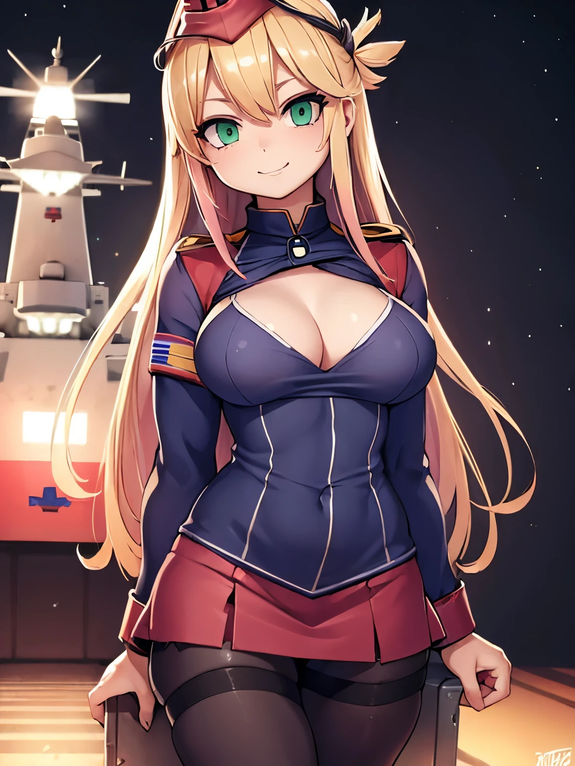 (warship background scenario:1.6), bokeh, joyful smile, back shot:1.2, BREAK, BREAK, (((soldier:1.6))), skirt, BREAK, (sheer pantyhose), BREAK, (masterpiece), best quality, 8k, expressive eyes, detailed face:1.4, Masterpiece, best quality, 8k, Professional Photography, Angel girl, detailed face, expressive eyes, (blonde hair:1.4), (pink highlights:1.3), very long hair, (iridescent halo:1.2), cleavage, BREAK, (petite body:1.3), (big breasts), green eyes,