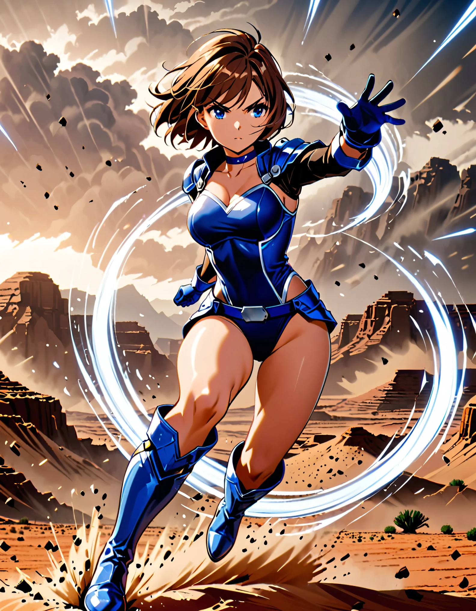 1girl, superhero, blue choker, blue eyes, blue footwear, blue gloves, boots, leotard, midriff, long sleeves, medium breasts, brown hair, knee boots, short hair, bob hair, solo, determined, full body, desert backdrop, sandstorm, college-age female. raised arms. She spins at an incredible speed, creating a whirlwind of air around her. She rotates her body in place at super speed. She spins fast in place like a tornado. Cyclone spinning. Rapid gyration. Tornado winds around her. She super-spins. Spiral lines around her body. Curved sword slash.