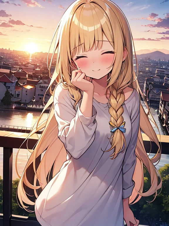 Masterpiece, Top quality, 1 beautiful girl, Blonde, long Hair, Braided hair, wavy Hair, blunt bangs, silky hair, , standard weight, (casual clothes:1.4), (happy :1.4), (blush :1.2), closed eyes, beautiful scene of town, from above, blurry background, magnificent panorama view, sunset