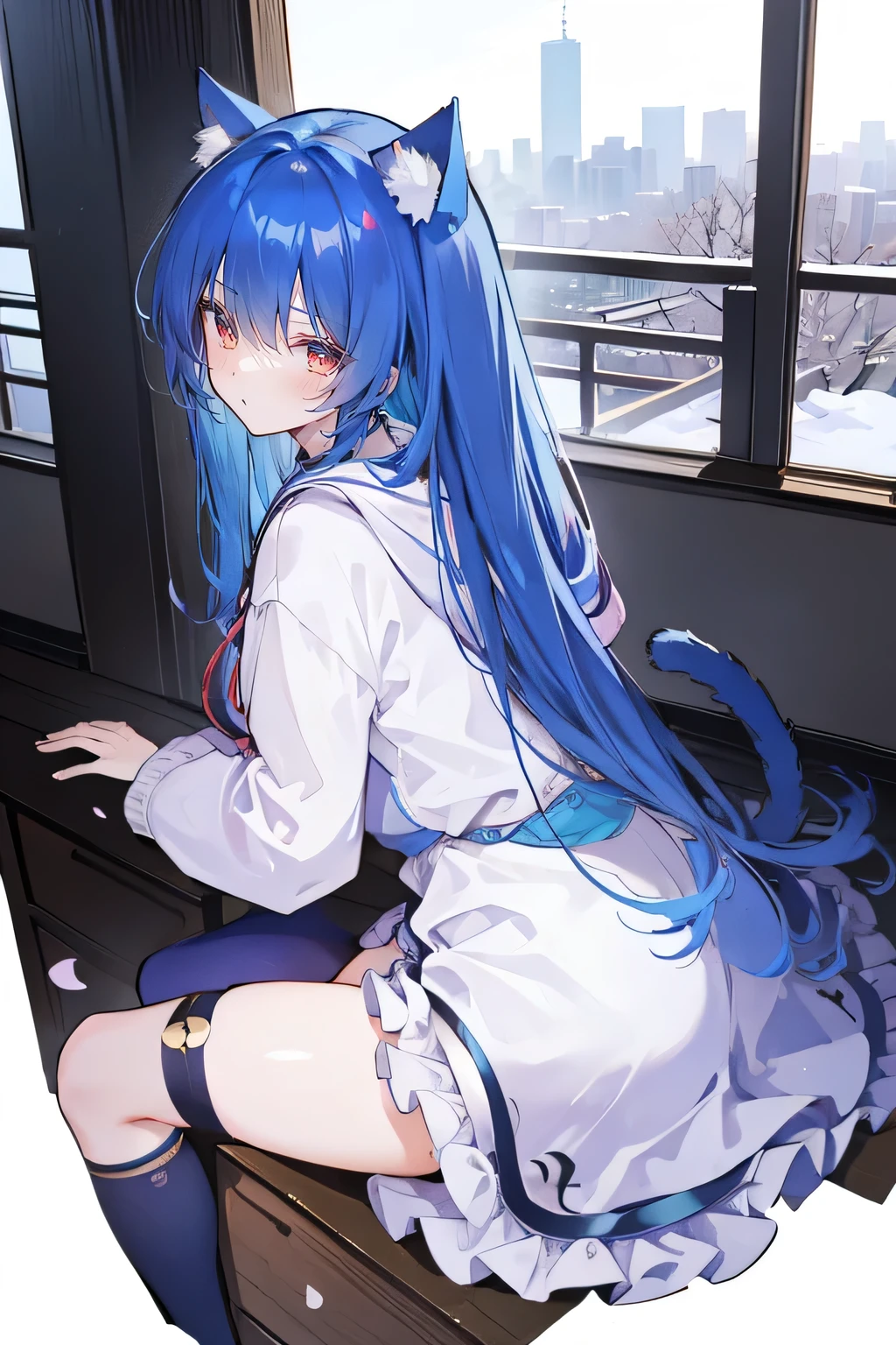 (masterpiece:1.2),Super detailed,lifelike,Expressive eyes,fair skin,perfect face shape,1 girl,
Japanese comics,Gorgeous blue hair,flowing blue hair,flowing clothes,Cat ears,Petals fall,beautiful lola,Baby Angel,
Cross your legs,Gentle and peaceful background,The pavilion is cool and comfortable,smile, wearing hoodie, background of tokyo,back views,snowing, winter.
