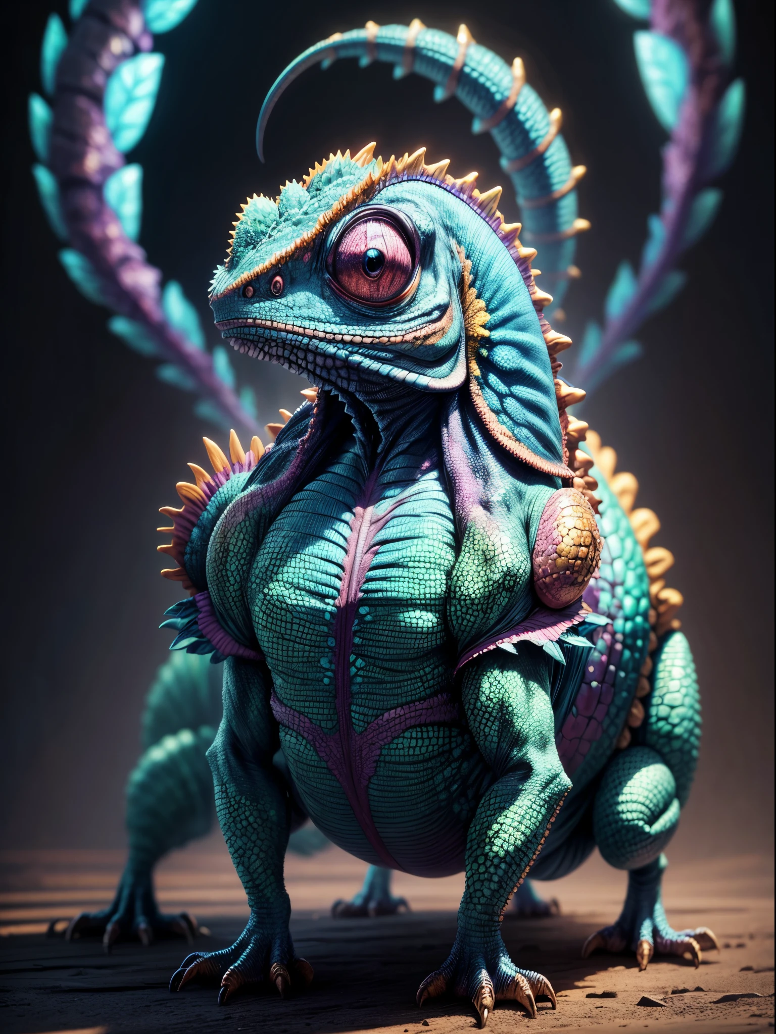 chameleon, extremely detailed, ultra detailed, detailed background, blurred background, wide angle ,insanity,monster,monster,poison,, 24K UHD graphics, shining and glowing lit effects, full body multicolored chameleon, perfect details