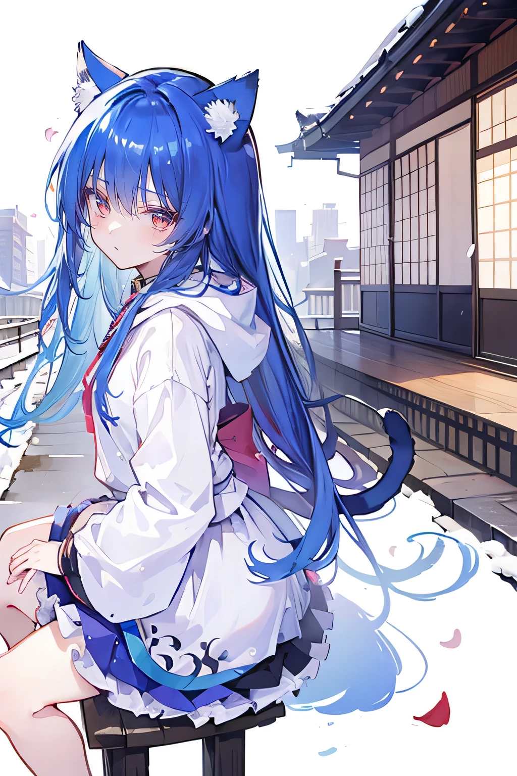 (masterpiece:1.2),Super detailed,lifelike,Expressive eyes,fair skin,perfect face shape,1 girl,
Japanese comics,Gorgeous blue hair,flowing blue hair,flowing clothes,Cat ears,Petals fall,beautiful lola,Baby Angel,
Cross your legs,Gentle and peaceful background,The pavilion is cool and comfortable,smile, wearing hoodie, background of tokyo,back views,snowing, winter.