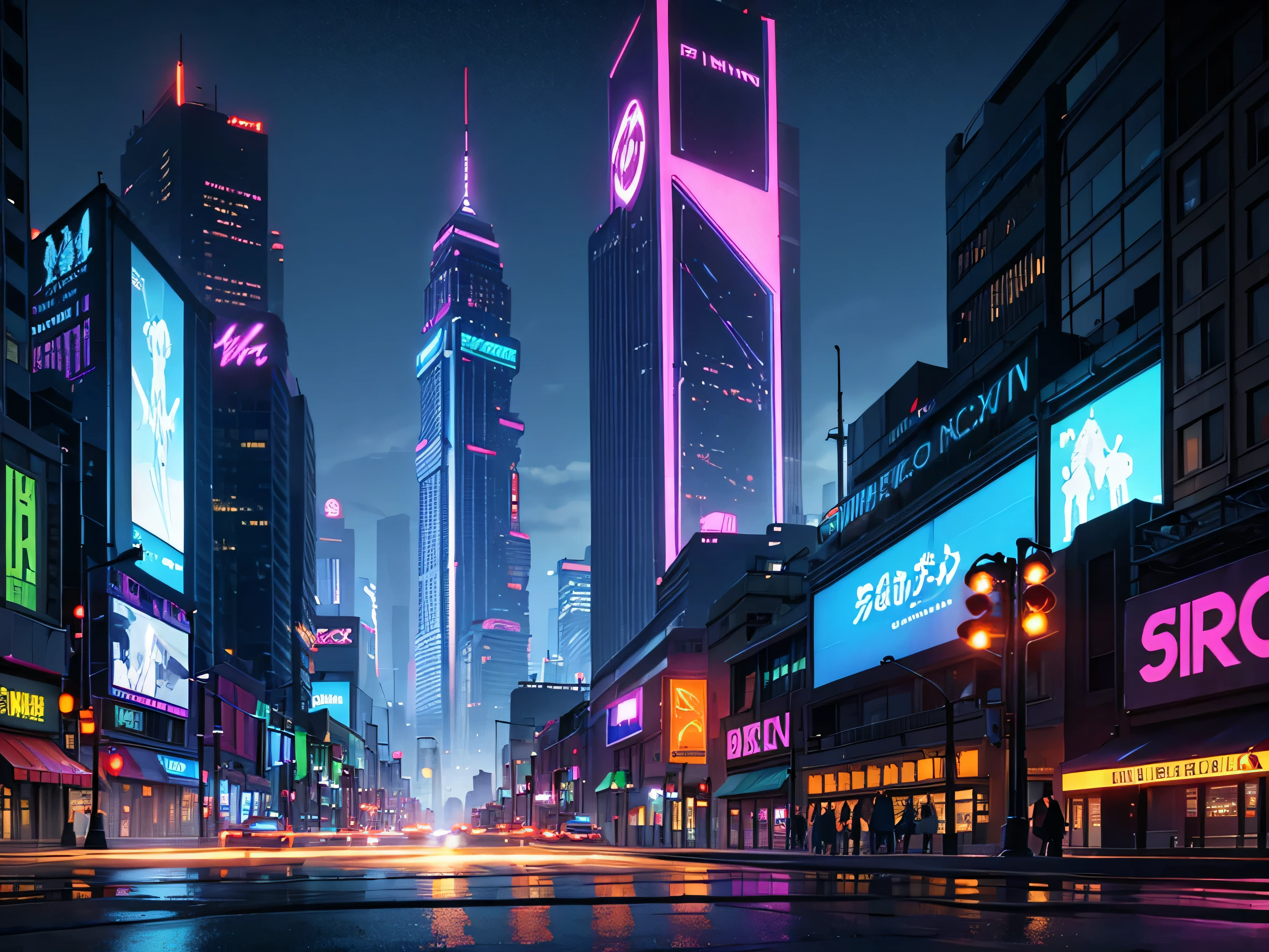 "A dark and gritty city street, lined with towering skyscrapers and neon lights reflecting off the wet pavement. Giant billboards and holographic advertisements flicker and glow, casting a colorful glow over the scene. The air is thick with the hum of technology and the smell of smoke and exhaust. In the distance, a giant tower looms, its face glowing with an eerie blue light."