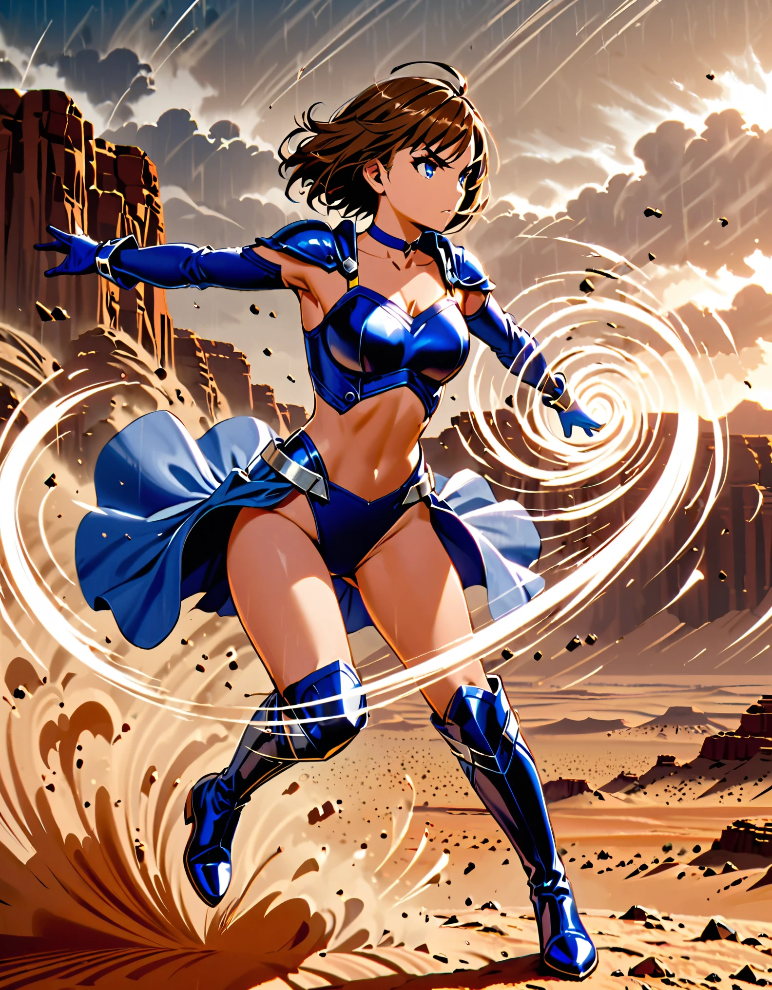 1girl, superhero, blue choker, blue eyes, blue footwear, blue gloves, boots, leotard, midriff, long sleeves, medium breasts, brown hair, knee boots, short hair, bob hair, solo, determined, full body, desert backdrop, sandstorm, college-age female. raised arms. She spins at an incredible speed, creating a whirlwind of air around her. She rotates her body in place at super speed. She spins fast in place like a tornado. Cyclone spinning. Rapid gyration. Tornado winds around her. She super-spins. Spiral lines around her body. Curved sword slash.