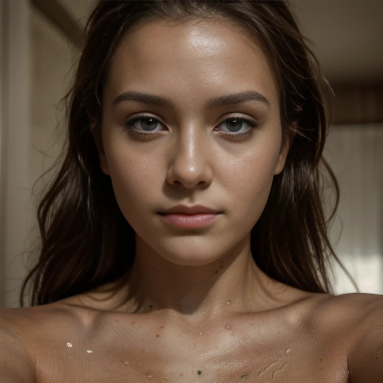 A 18-year-old australian woman, ((hiperrealism)) , (((long brown hair ))), ((light blue eyes)), (((supermodel face))), Beautiful, sad face,  ((naked)),  high quality, HD iPhone, (busty),ultraHD, (arm up), (lying face up), cumfacial55, (cum on face and tits)