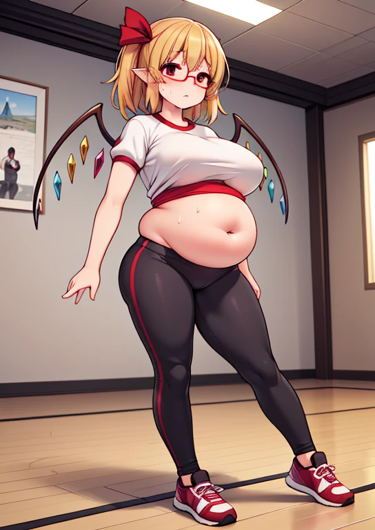 (masterpiece, best quality, highly detailed), 1girls, big belly, huge belly, art by kipteitei, round belly, chubby, curvy, belly grab, enormous belly, fat belly, thicc, bigger belly, really big belly, jiggly belly, glasses, gym clothes, (sweating), very tight breasts, ((full body)), flandre scarlet