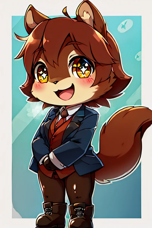 boy, squirrel, furry, bodyfur, blazer, bottomless, smell tights, gloves, boots, chibi, happy, sparkling eyes, train