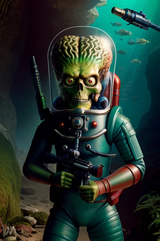 masterpiece, photorealistic highly detailed 8k Extreme Close-Up of a Subject's Eyes, best cinematic quality, volumetric lighting, msttck, green skin, red eyes, astronaut helmet, holding weapon, gun, Underwater Caves full of msttck around