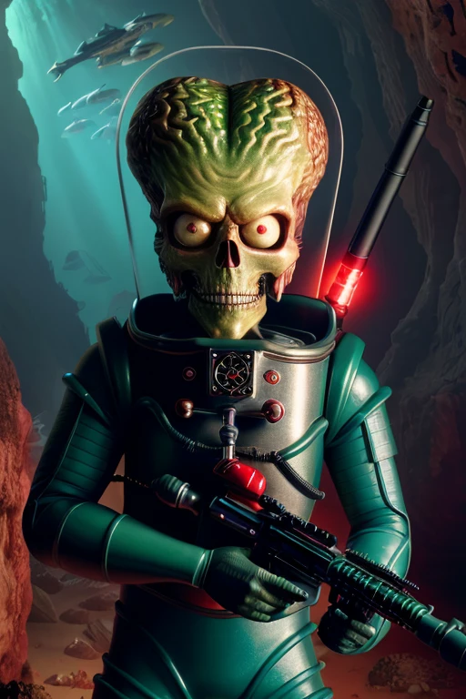 masterpiece, photorealistic highly detailed 8k Extreme Close-Up of a Subject's Eyes, best cinematic quality, volumetric lighting, msttck, green skin, red eyes, astronaut helmet, holding weapon, gun, Underwater Caves full of msttck around