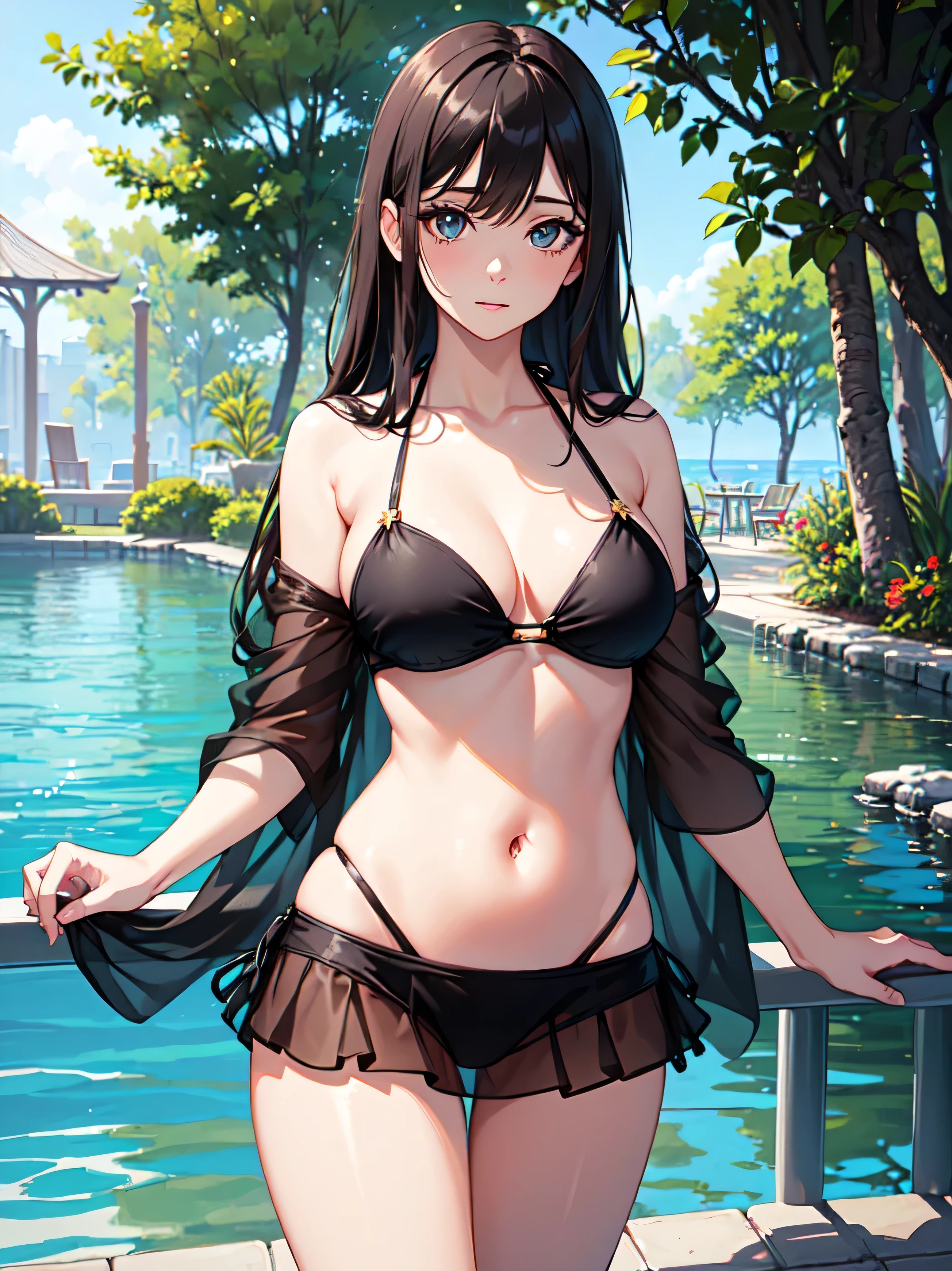((masterpiece, highest quality, High resolution, 超High resolution, Perfect Pixel, Depth of written boundary, 4K, RTTX 10.0, High resolution))), One girl, single, alone, Cleavage, beautiful girl, Beautiful art style, ((Beautiful eyes in every detail, Beautiful eyelashes, Realistic eyes)), ((Detailed face)), ((Smooth texture, Realistic texture, Realistic)), Large Breasts, Small Ass, Perfect body, ((Cowboy Shot)), ((( bikini))), (((belly button ))), (((Sheer micro mini skirt))), Poolside, Perfect Eyes Eyes