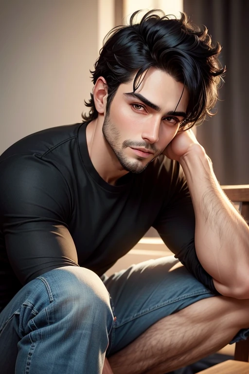 Masterpiece high quality high details realistic face ultra realistic face handsome guy with small black hair and little beard wearing black shirt and jeans