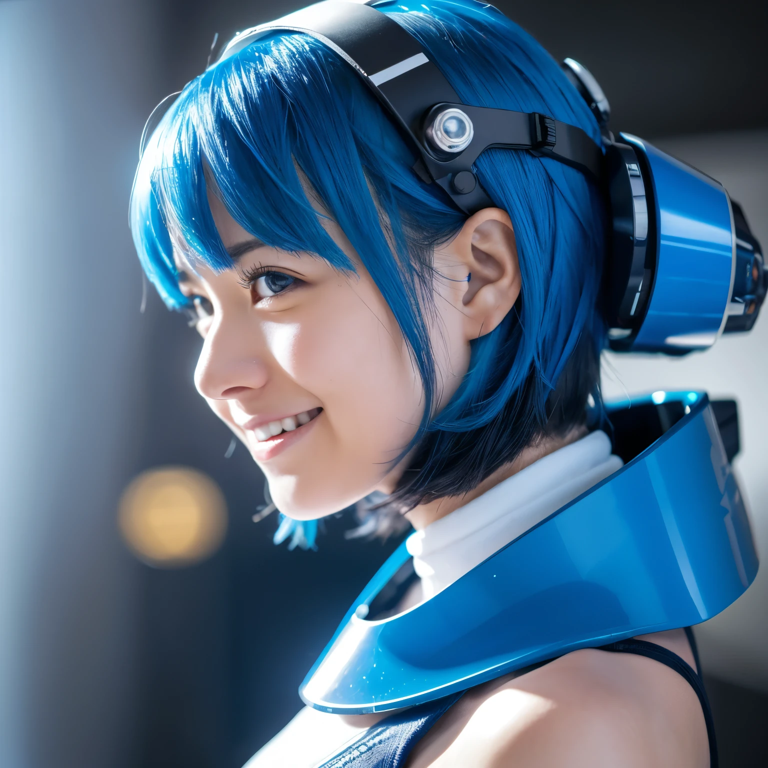 mechanical, Mecha, one person, one personで, short hair, profile, Upper Body, Science fiction, smile, Blue Hair, (headgear:1), technical background,R-18