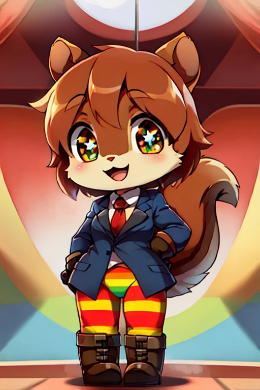 boy, squirrel, furry, bodyfur, blazer, bottomless, rainbow tights, gloves, boots, chibi, happy, sparkling eyes, train