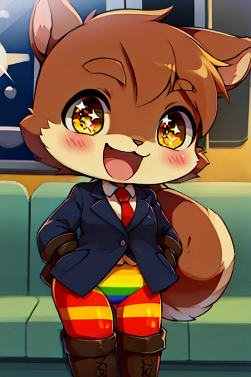 boy, squirrel, furry, bodyfur, blazer, bottomless, rainbow tights, gloves, boots, chibi, happy, sparkling eyes, train