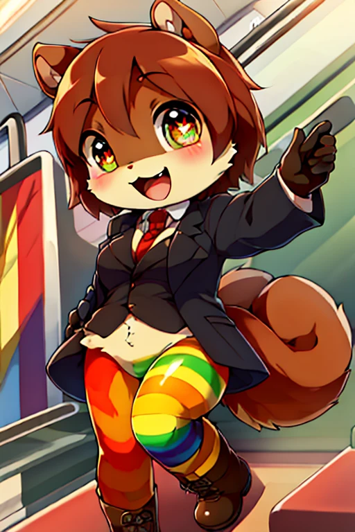 boy, squirrel, furry, bodyfur, blazer, bottomless, rainbow tights, gloves, boots, chibi, happy, sparkling eyes, train