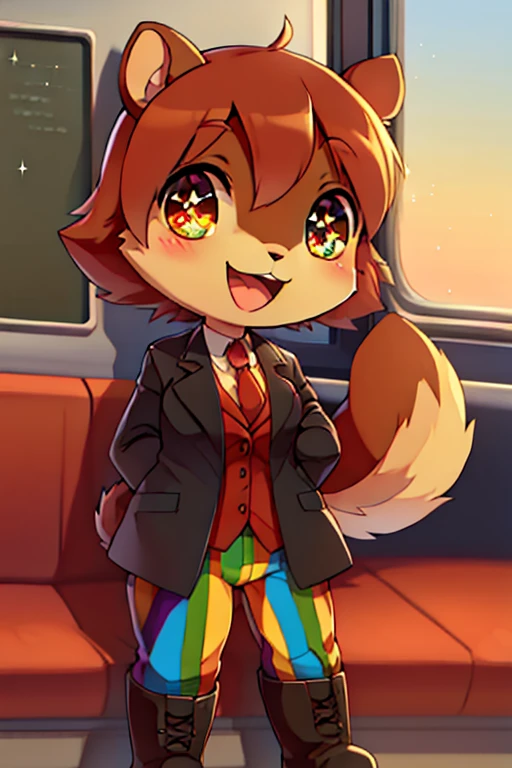 boy, squirrel, furry, bodyfur, blazer, bottomless, rainbow tights, gloves, boots, chibi, happy, sparkling eyes, train