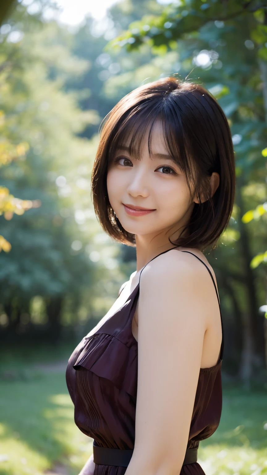 (best quality,masterpiece:1.3,Ultra-high resolution),(Ultra Detailed,Caustic lines,8k), (Reality:1.4, RAW Shooting),(A mysterious forest, Dental density),Sunlight through the trees ,Light pours down,20 years old,Lovely,Standing,Smile,Looking at the camera,Black short hair,(Dark red dress), (Waist Up),(High status),(High Angle),Natural light,Tyndall Light