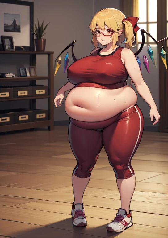 (masterpiece, best quality, highly detailed), 1girls, big belly, huge belly, art by kipteitei, round belly, chubby, curvy, belly grab, enormous belly, fat belly, thicc, bigger belly, really big belly, jiggly belly, glasses, gym clothes, (sweating), very tight breasts, ((full body)), flandre scarlet