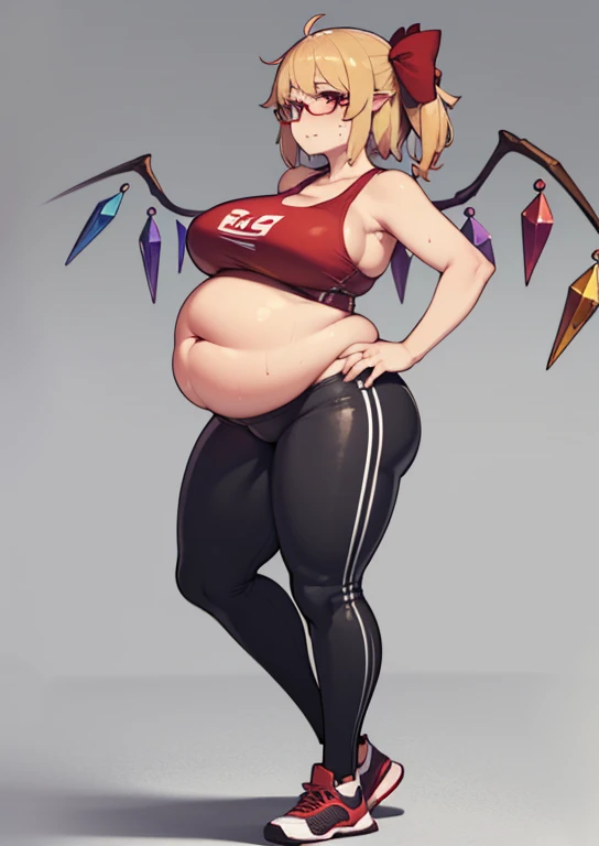 (masterpiece, best quality, highly detailed), 1girls, big belly, huge belly, art by kipteitei, round belly, chubby, curvy, belly grab, enormous belly, fat belly, thicc, bigger belly, really big belly, jiggly belly, glasses, gym clothes, (sweating), very tight breasts, ((full body)), flandre scarlet