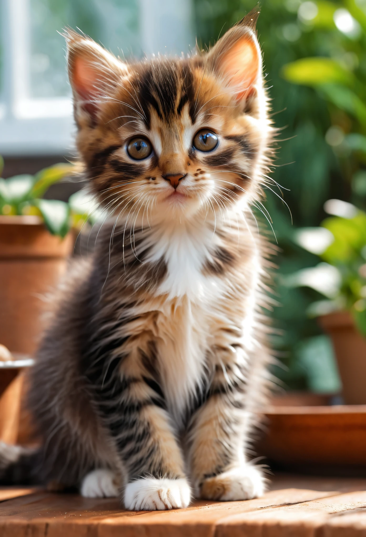 (8k, RAW Photos, highest quality, masterpiece, Realistic, Realistic, Ultra HD), (Cute kitten), Very cute, (Beautiful brown fur), (In the pan), (Home garden background), Background Blur, (Ray Tracing, Beautiful lighting, masterpiece),