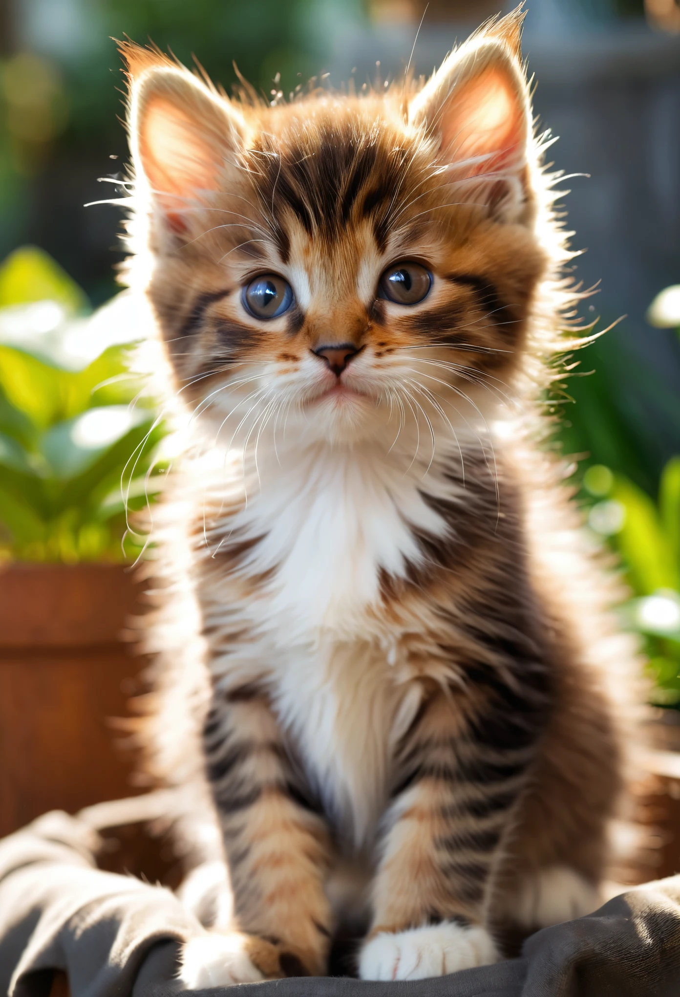 (8k, RAW Photos, highest quality, masterpiece, Realistic, Realistic, Ultra HD), (Cute kitten), Very cute, (Beautiful brown fur), (In the pan), (Home garden background), Background Blur, (Ray Tracing, Beautiful lighting, masterpiece),