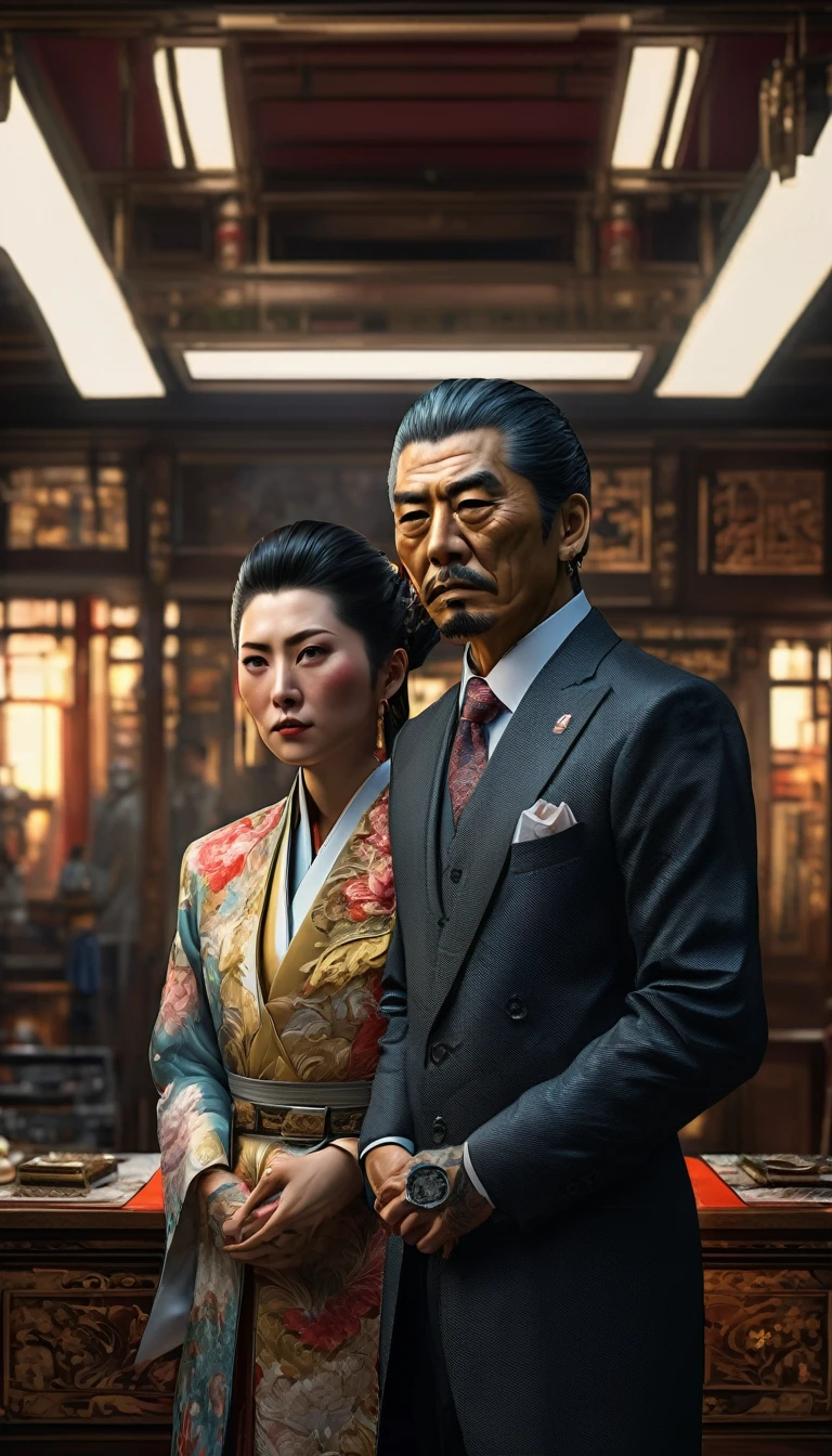A secretive meeting between Yakuza leaders and corrupt government officials, detail, shot, dramatic, daylight, indoor studio lights, medium shot , highly detailed, vibrant, detailed textures, medium shot, ultrawide, full length shot, realistic, bright, ultrarealistic, realistic focus face, bright scene, city, 8k ,hyper realistic, ultra detailed hyper realistic, photorealistic, Studio Lighting, reflections, Cinematic, historical accuracy, Color Grading, Photography, Shot on 50mm lens, Depth of Field, hyper-detailed, beautifully color, 8k